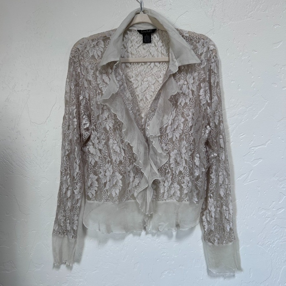 Vintage Y2k Sheer Lace Fairy Top Women L Silk Ruffle Delicate Romantic Victorian